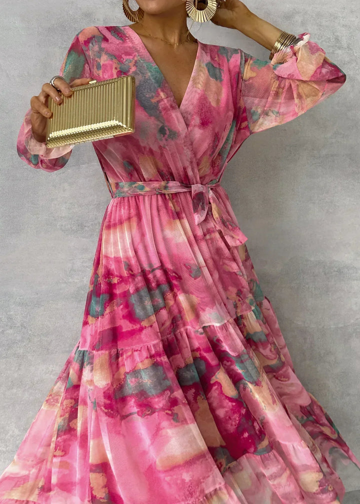 Theresia – Maxikleid mit Aquarellmuster und Bindegürtel