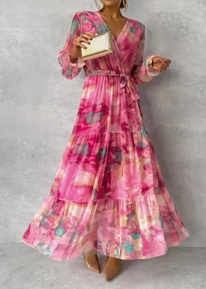 Theresia – Maxikleid mit Aquarellmuster und Bindegürtel