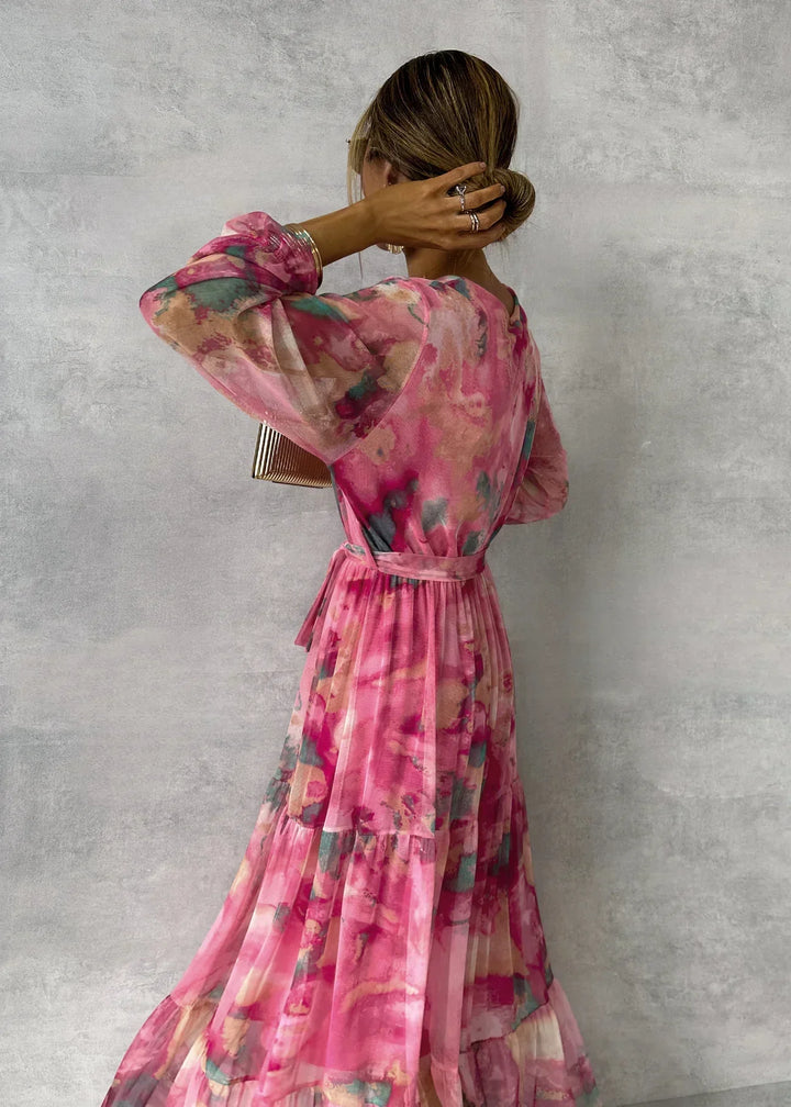 Theresia – Maxikleid mit Aquarellmuster und Bindegürtel