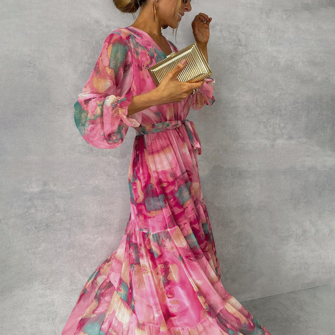 Theresia – Maxikleid mit Aquarellmuster und Bindegürtel