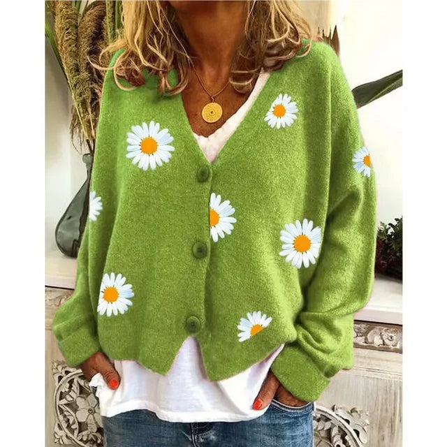 Theresia – Bestickte Gänseblümchen-Strickjacke