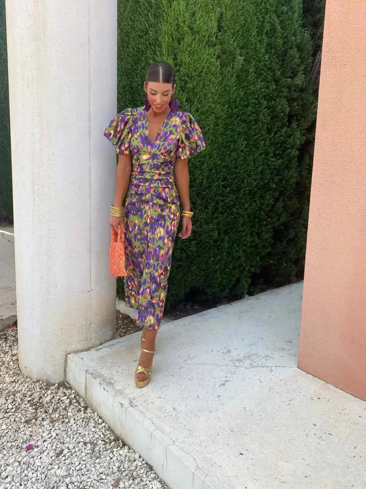 Arielle – Farbenfrohes Midikleid mit Plissierten Ärmeln