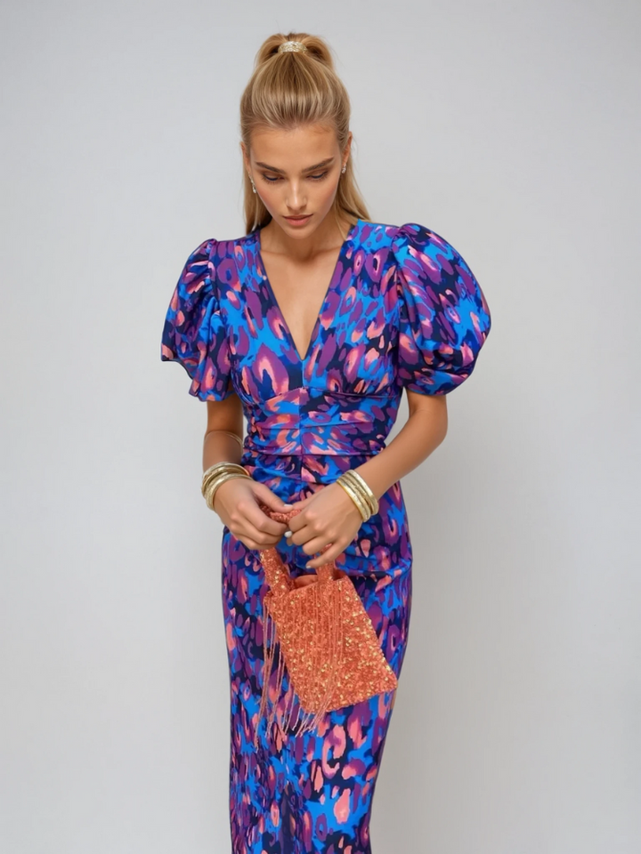 Arielle – Farbenfrohes Midikleid mit Plissierten Ärmeln