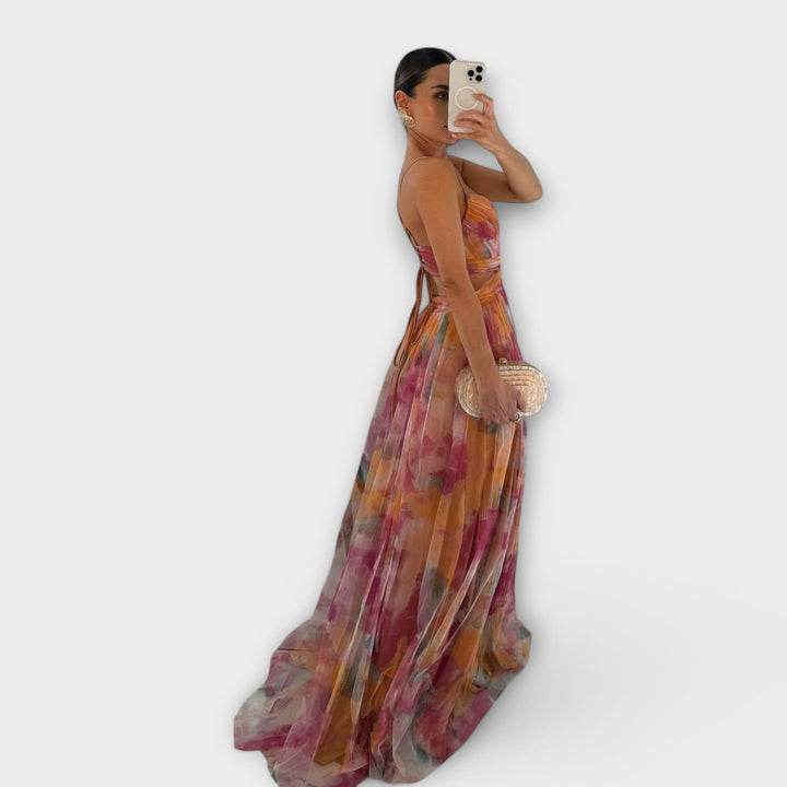 Violet – Aquarell-Falten-Maxikleid