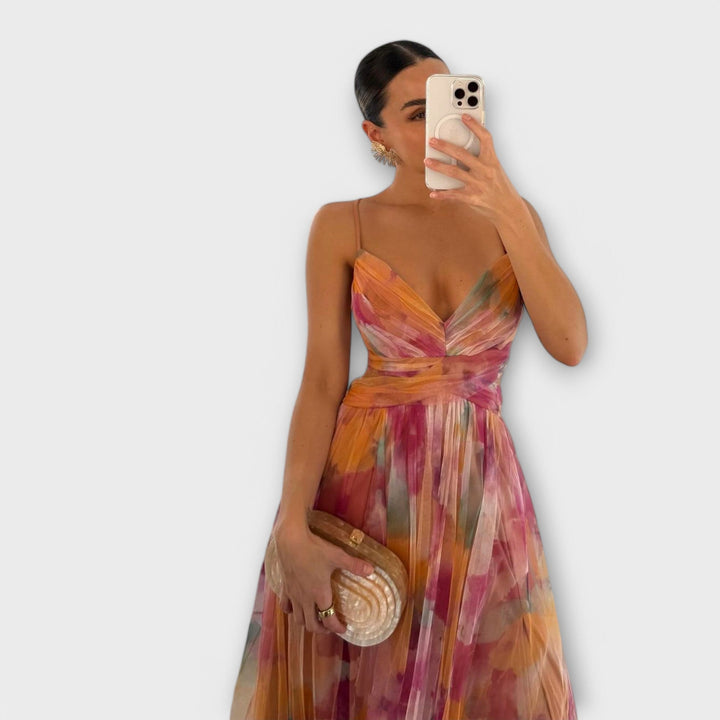 Violet – Aquarell-Falten-Maxikleid