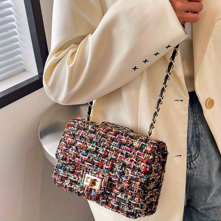 Karola – Geflochtene Tweed-Schultertasche mit Drehverschluss