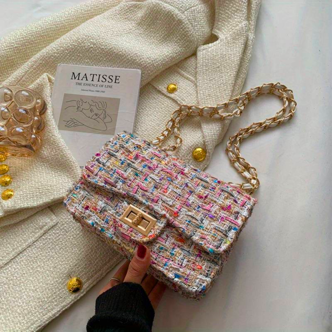 Karola – Geflochtene Tweed-Schultertasche mit Drehverschluss