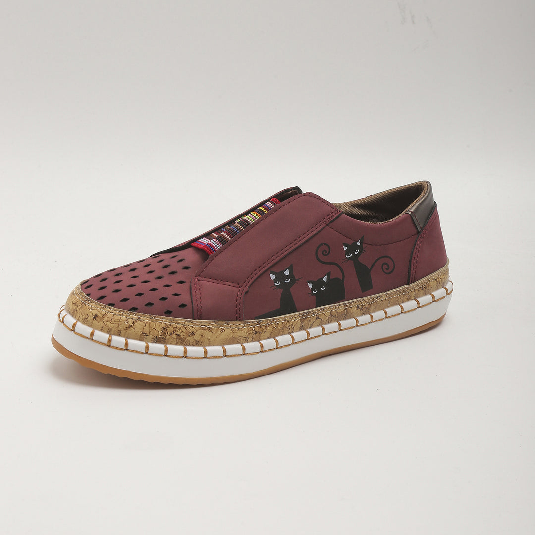 Helene – Freizeitslipper mit Katzenmotiv und Bastsohle