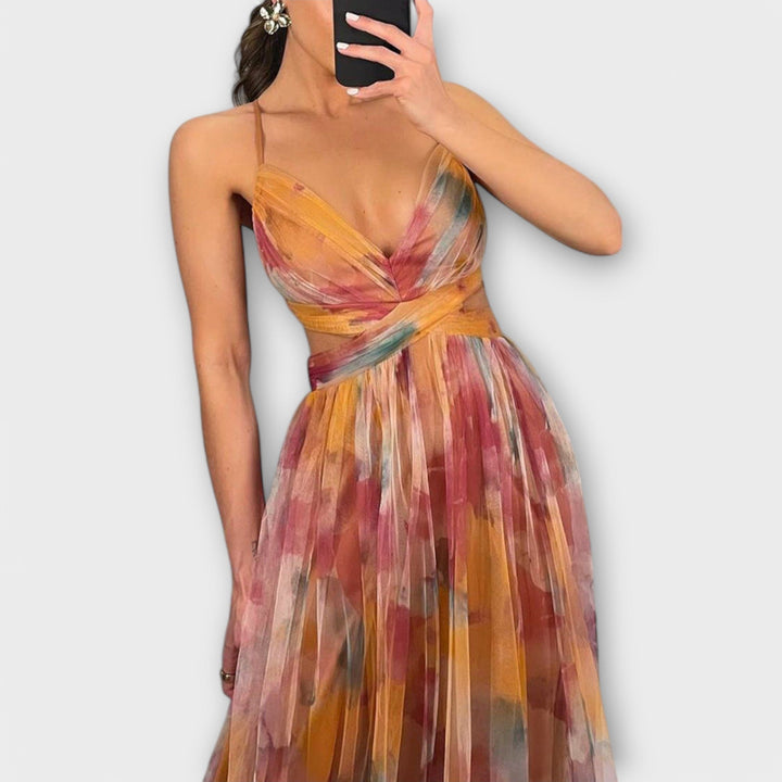 Violet – Aquarell-Falten-Maxikleid